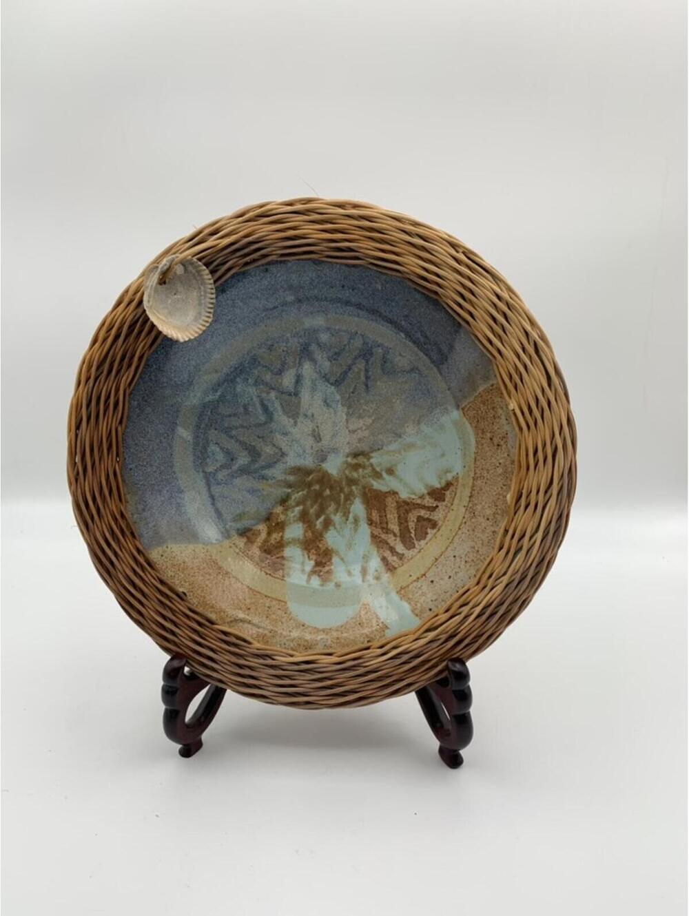Pottery Dish Coastal Studio Art With Woven Frame